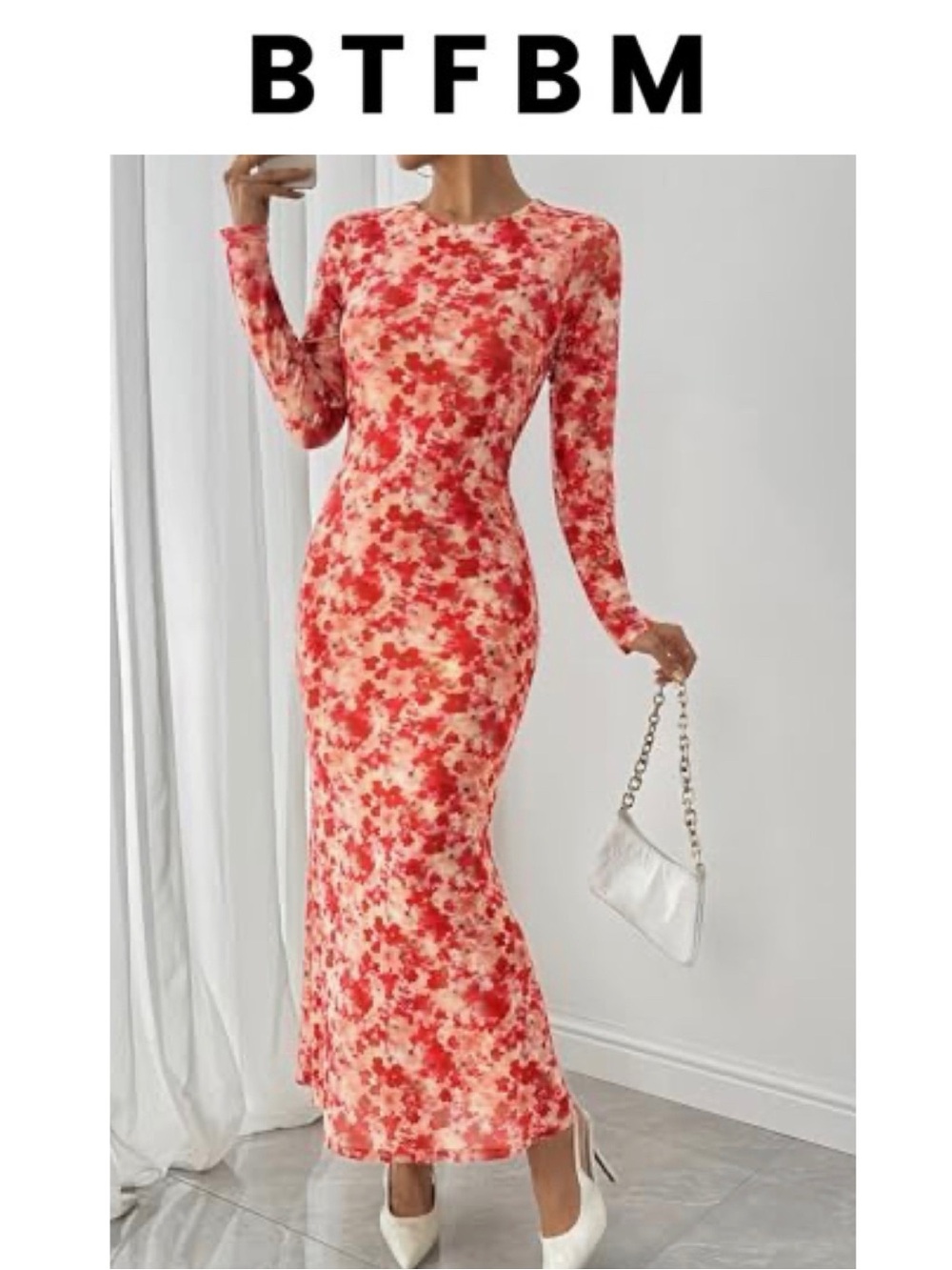 BTFBM Wedding Guest Floral Long Sleeve Bodycon Crew Neck Maxi Dress XXL NWT